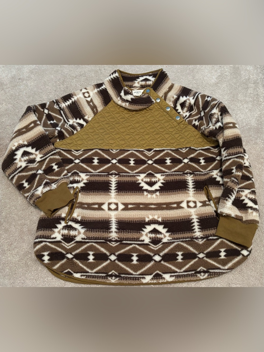 Umgee Women’s Medium Aztec Southwest Brown Patterned Fleece Pullover Sherpa Snap